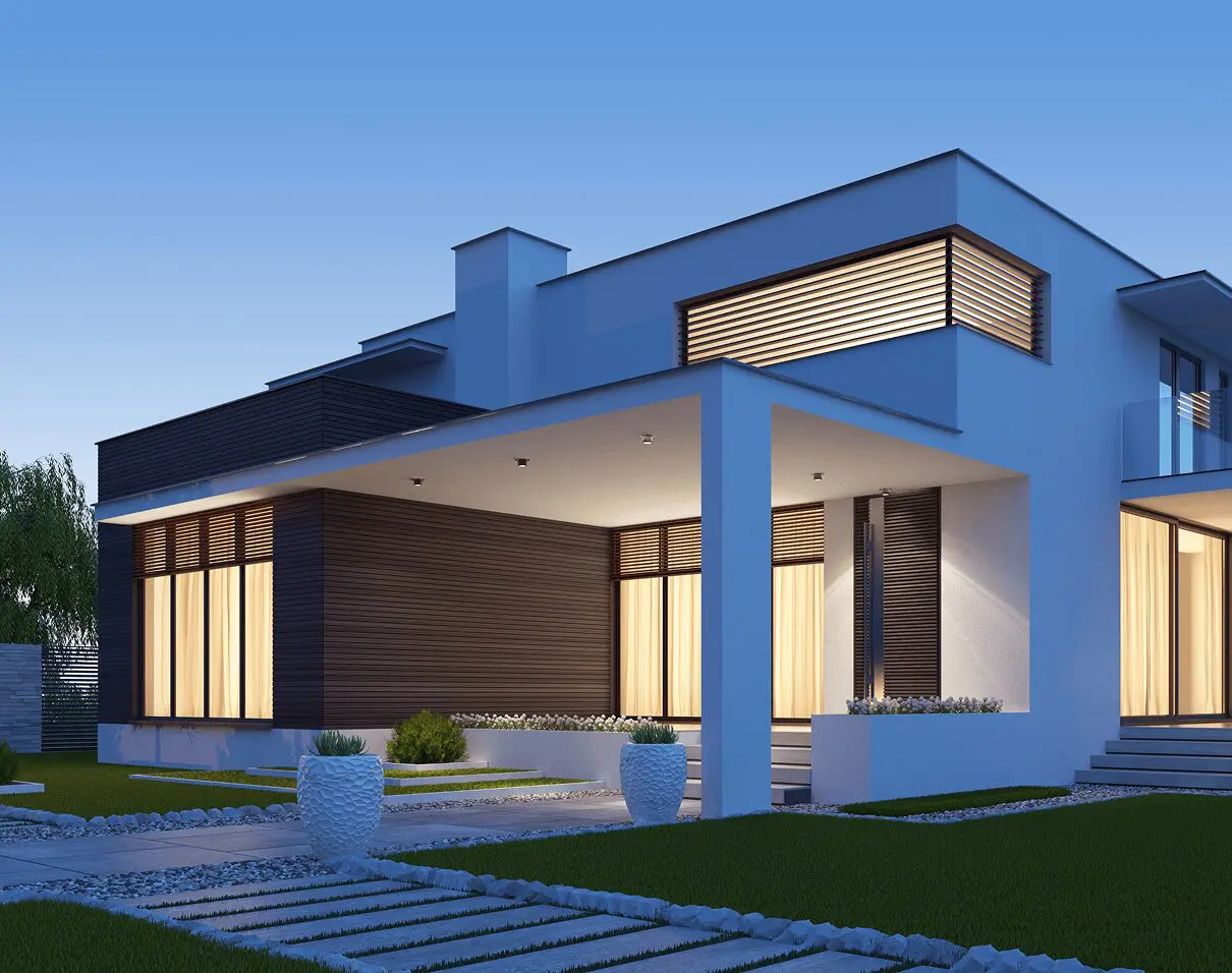 Modern house with illuminated windows