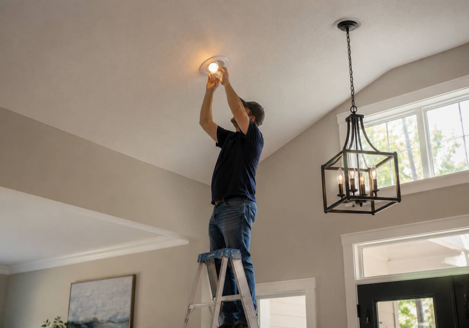Person on ladder replacing ceiling light bulb